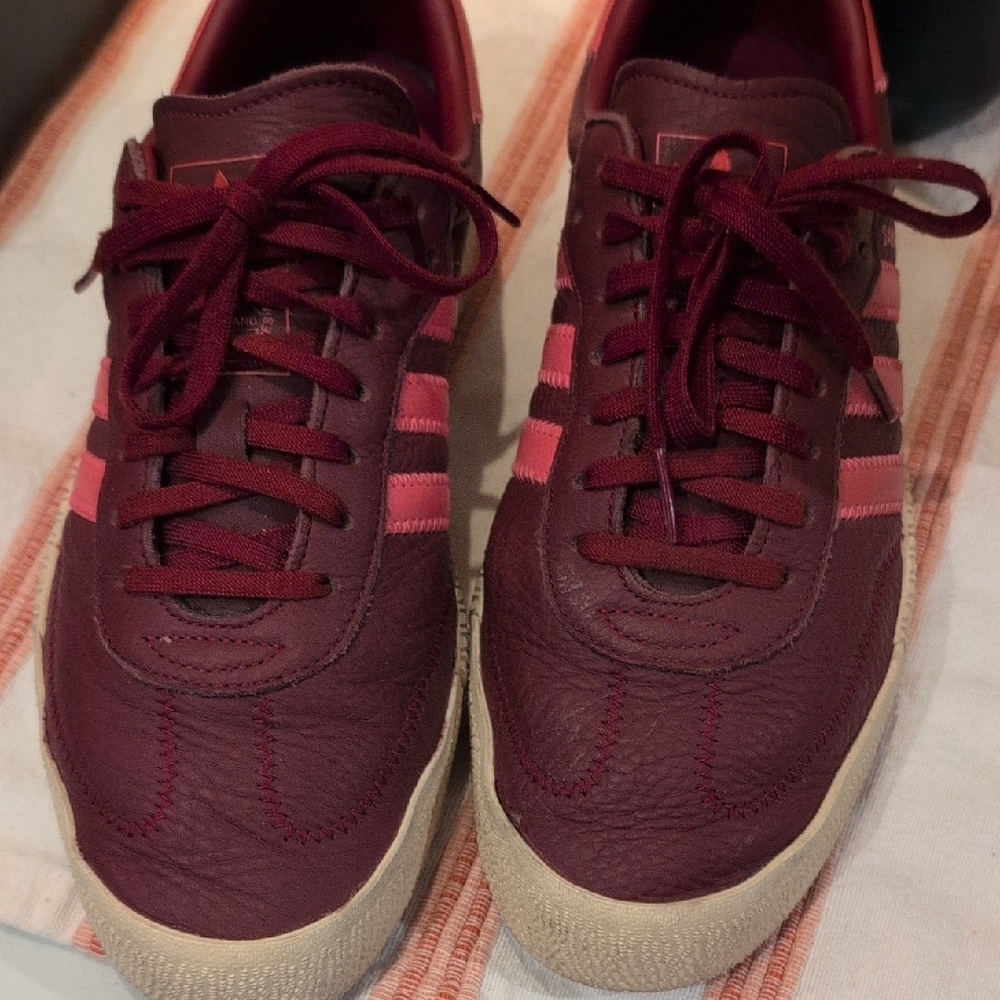Adidas Maroon Leather Sneakers with Coral Stripes